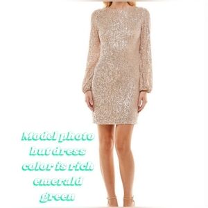 Premier Amour Long Sleeve Green Sequin Sheath Dress